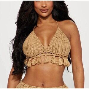 Womens Fashion Nova Taupe Crochet Swimwear Bikini Top Size Medium New